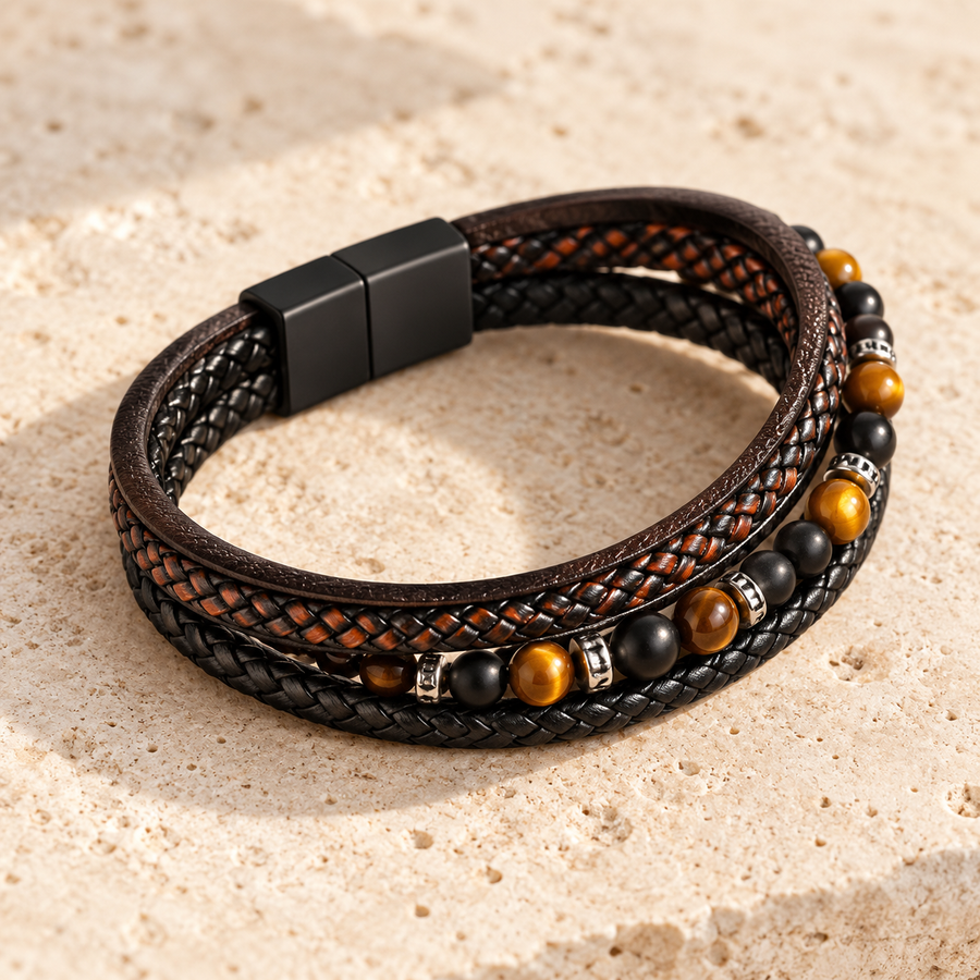 Roche — Bracelet tressé et perles brunes